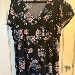 Floral V-Neck Black Top